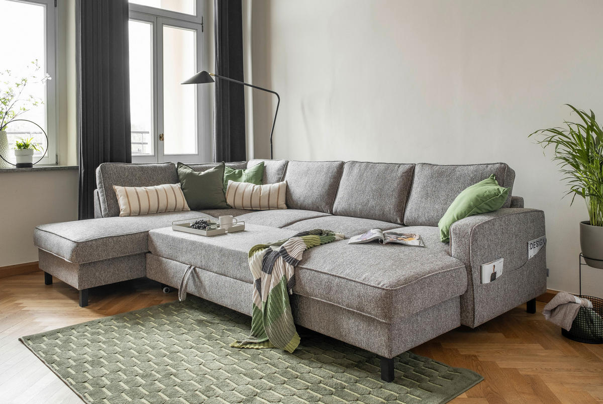 WOHNLANDSCHAFT in Struktur Grau  - Schwarz/Grau, Holz/Textil (198/298/148cm) - MID.YOU