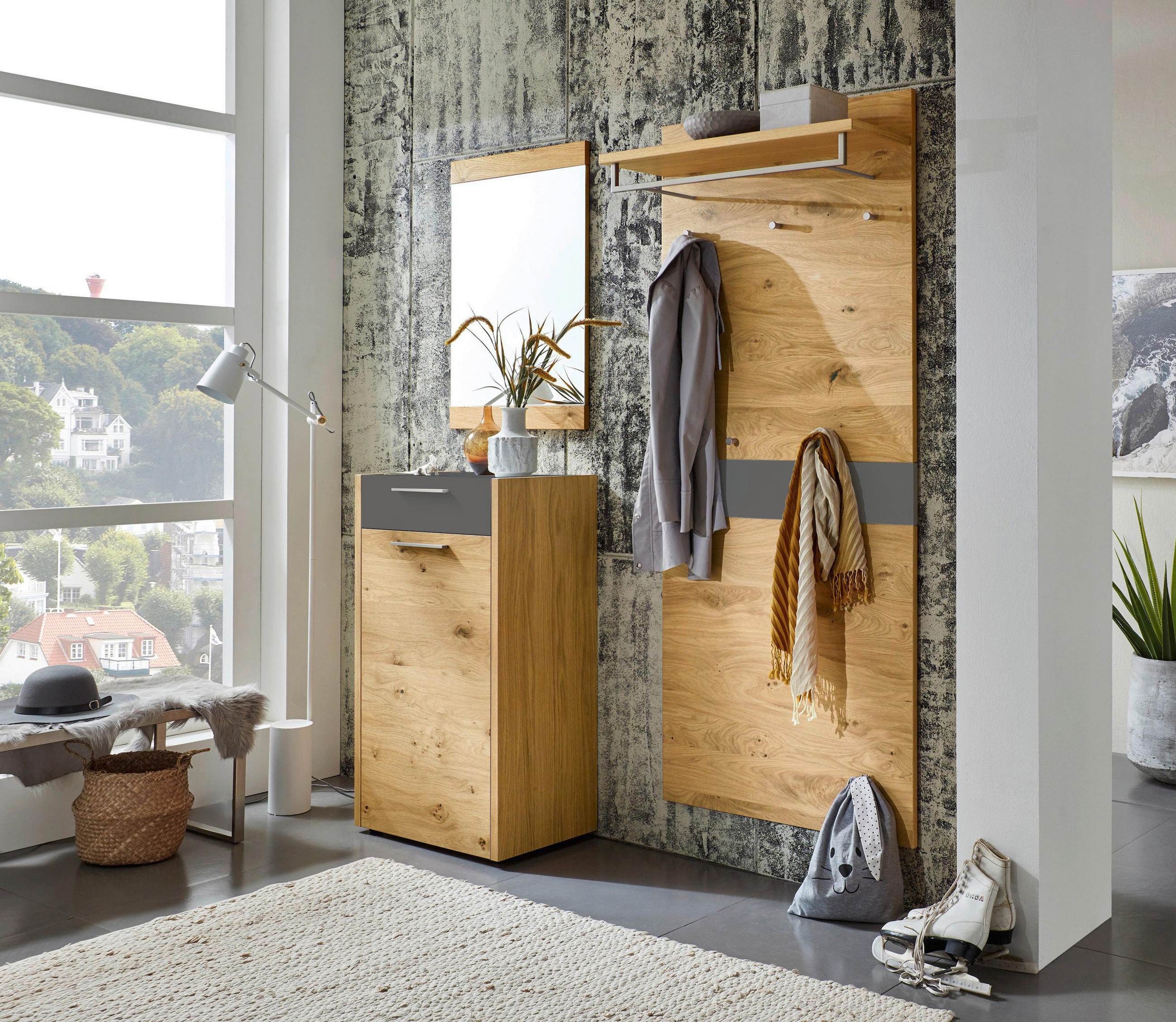 GARDEROBE 3-teilig in 150/195/37 cm - Eichefarben/Grau, Design, Glas/Holz (150/195/37cm)