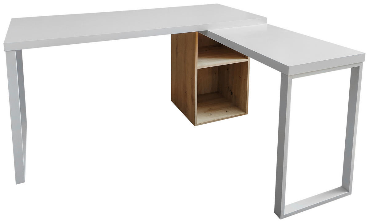 KOTNA PISALNA MIZA kovina, leseni material bela, barve hrasta  - barve hrasta/bela, Moderno, kovina/leseni material (140/60/75cm) - MID.YOU