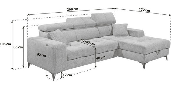 ECKSOFA Hellgrau Chenille  inkl. Zierkissen, Bettkasten, Rücken echt, Kopfteilverstellung, Sitztiefenverstellung  - Hellgrau/Schwarz, KONVENTIONELL, Kunststoff/Textil (268/172cm) - Carryhome
