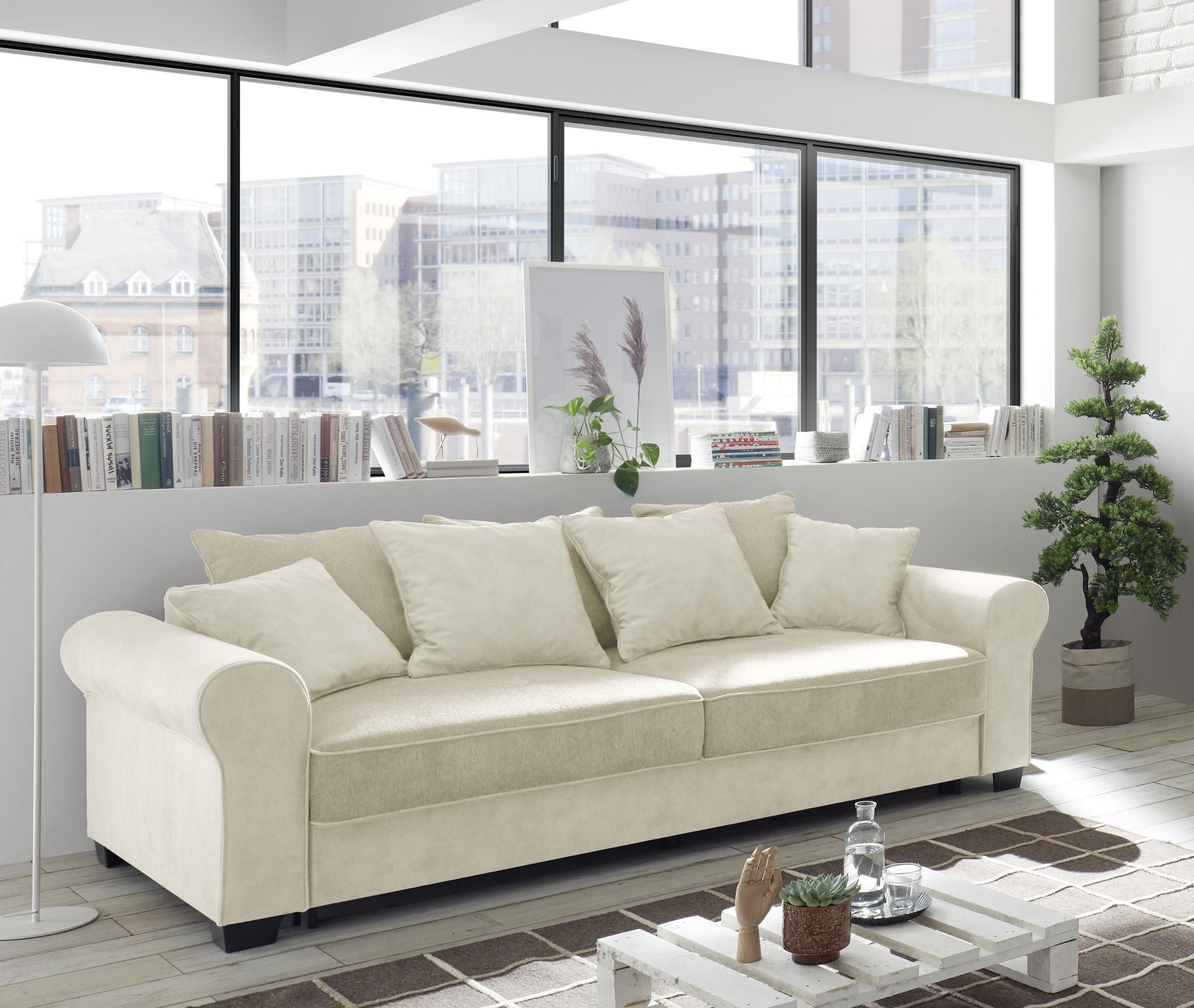 3-SITZER-SOFA Webstoff, Mikrovelours Creme  - Creme/Schwarz, Design, Kunststoff/Textil (247/95/115cm) - MID.YOU