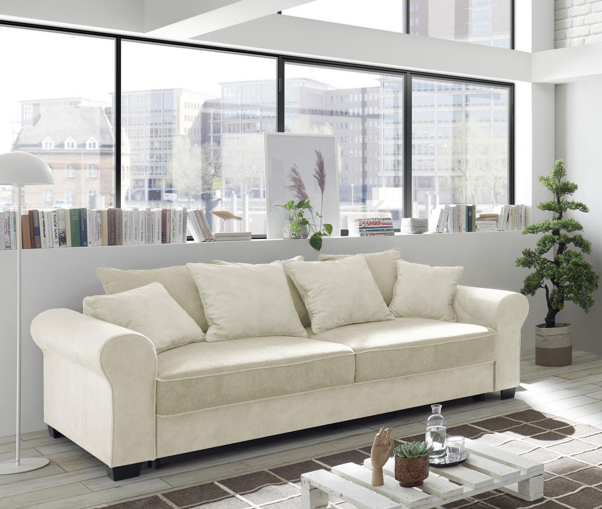 3-SITZER-SOFA in Webstoff, Mikrovelours Creme  - Creme/Schwarz, Design, Holzwerkstoff/Kunststoff (247/95/115cm) - MID.YOU