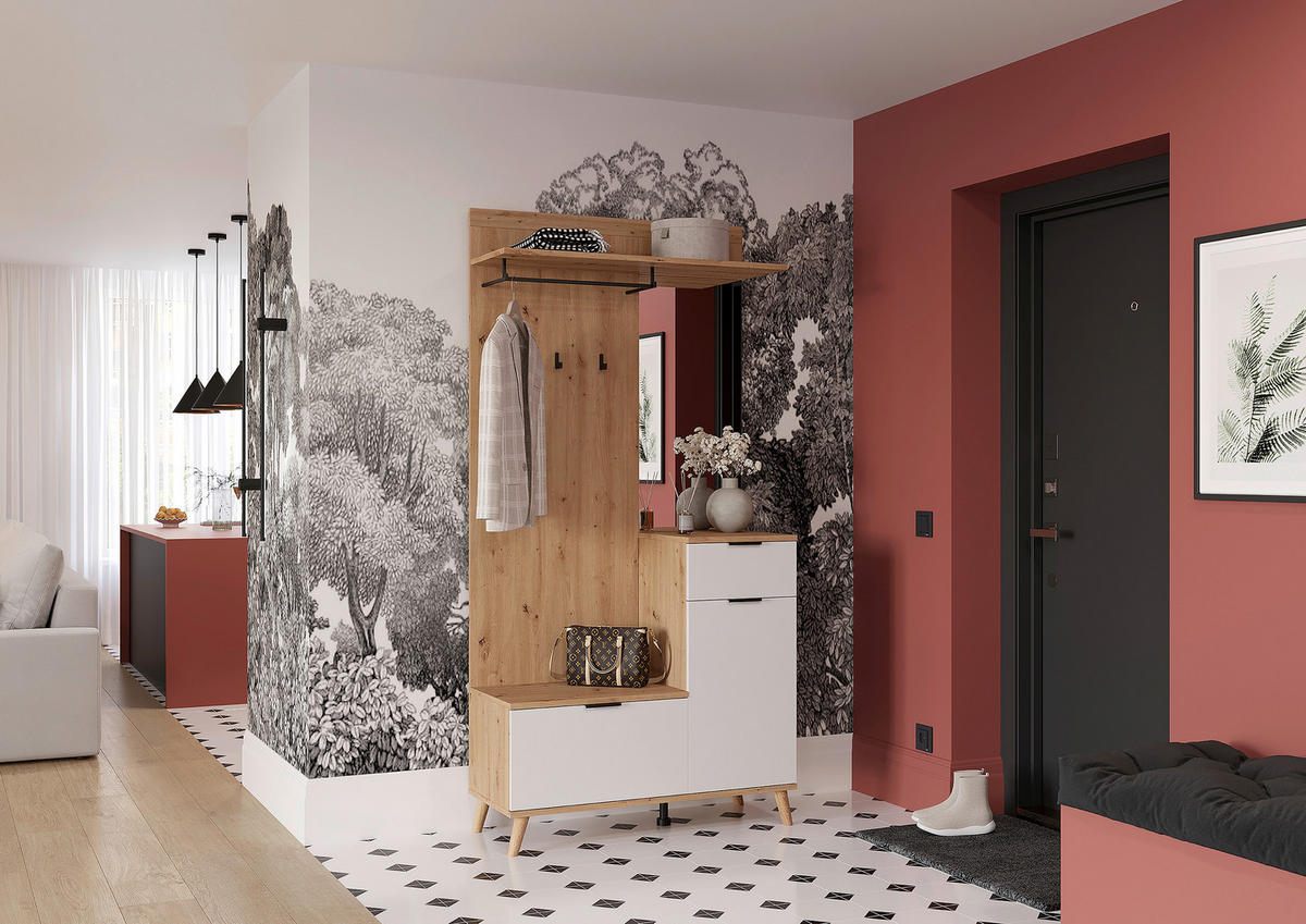 HALLMÖBEL  i 100/202/40 cm  - vit/ek Artisan, Design, trämaterial/glas (100/202/40cm) - home24