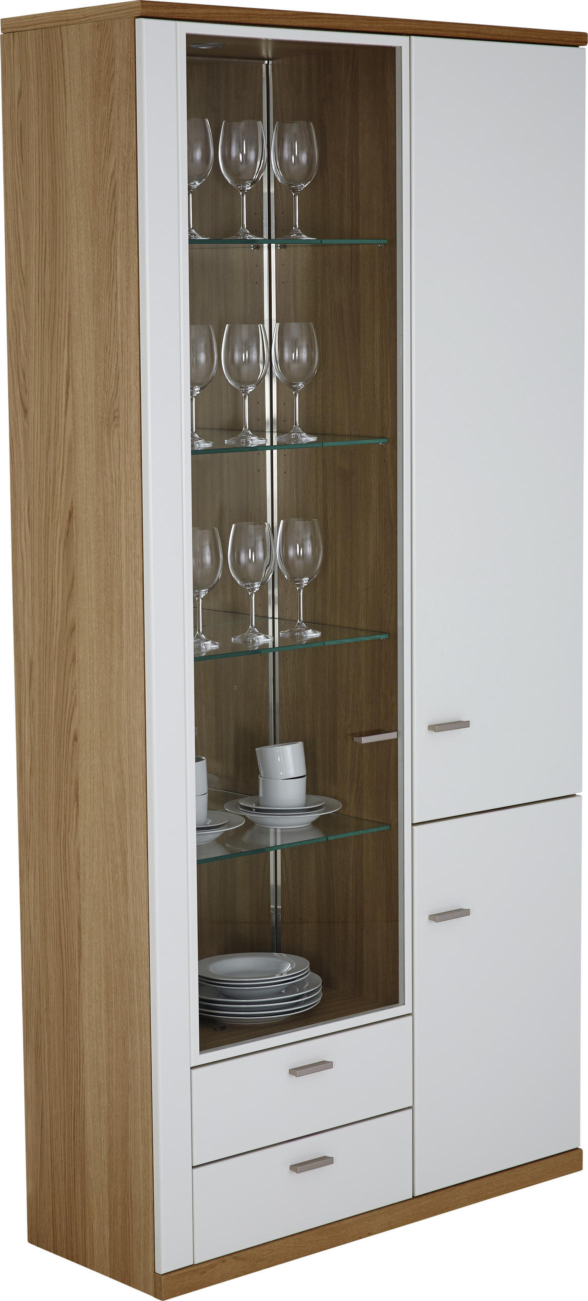 VITRINE  in furniert Eiche Weiß, Eichefarben, Sandfarben - Sandfarben/Edelstahlfarben, Design, Glas/Holz (105/218,3/39,1cm) - Invivus