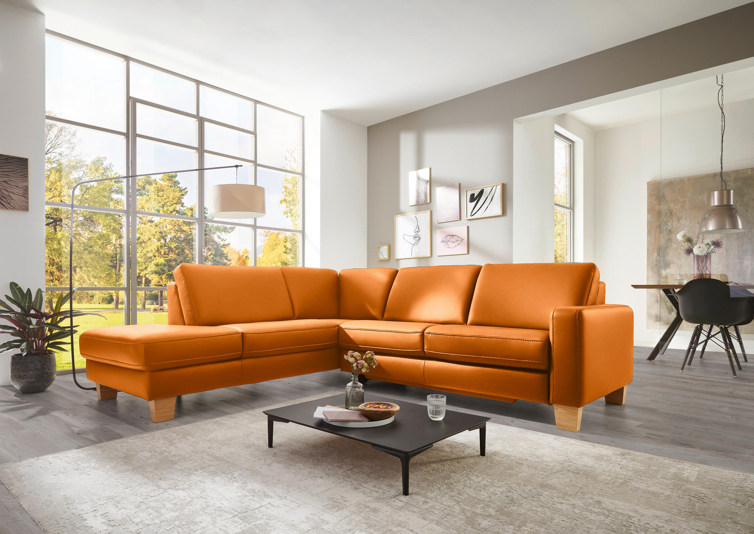 ECKSOFA in Echtleder Orange  - Eiche Bianco/Orange, Konventionell, Leder/Holz (235/257cm) - Valdera