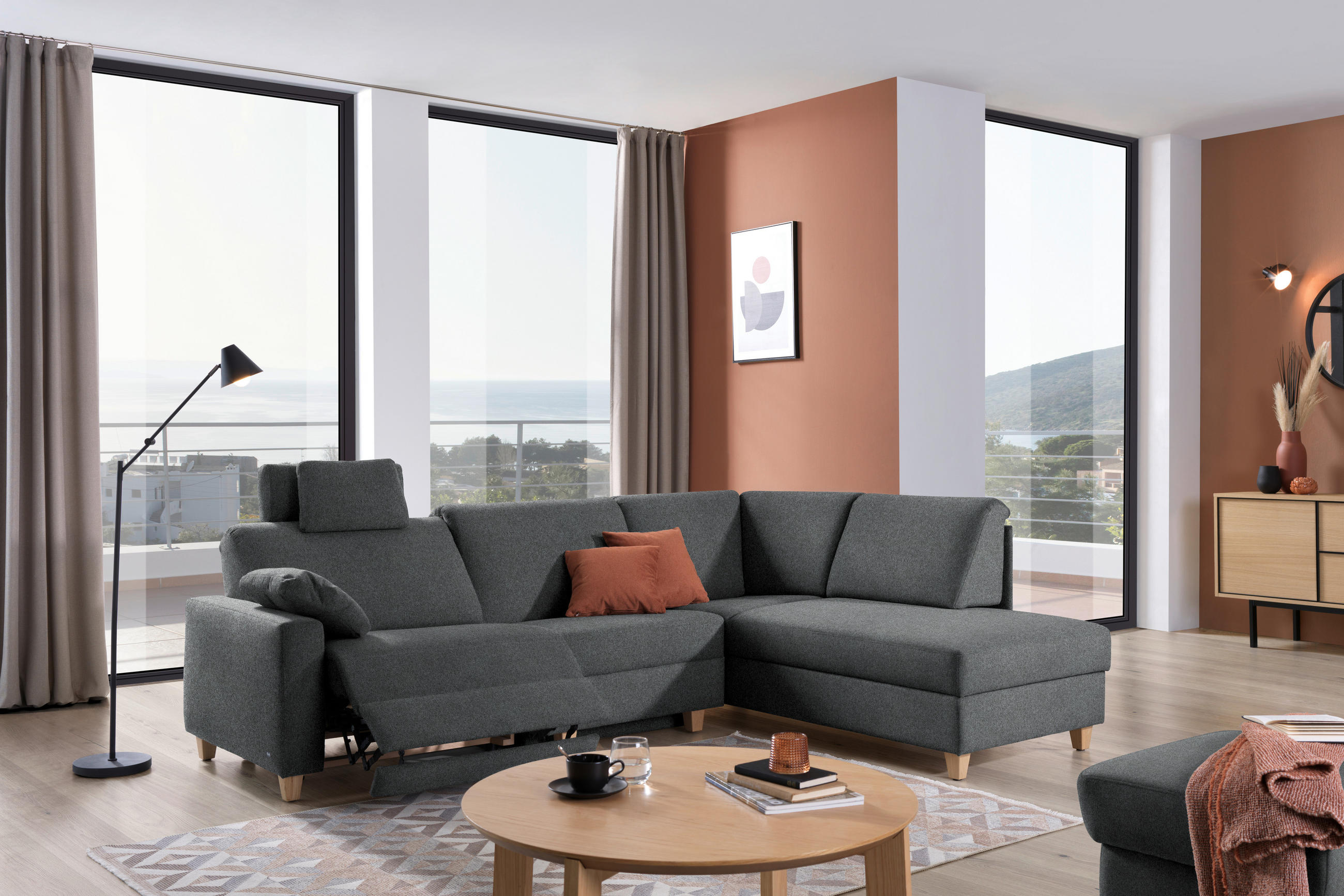 ECKSOFA in Flachgewebe Anthrazit  261/203 cm  - Eichefarben/Anthrazit, KONVENTIONELL, Holz/Textil (261/203cm) - Sedda