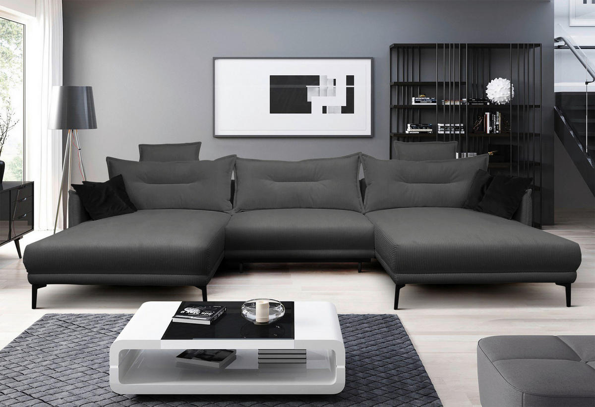 WOHNLANDSCHAFT NUOVO U Grau Cord  - Schwarz/Grau, Design, Textil/Metall (194/360/194cm) - MID.YOU