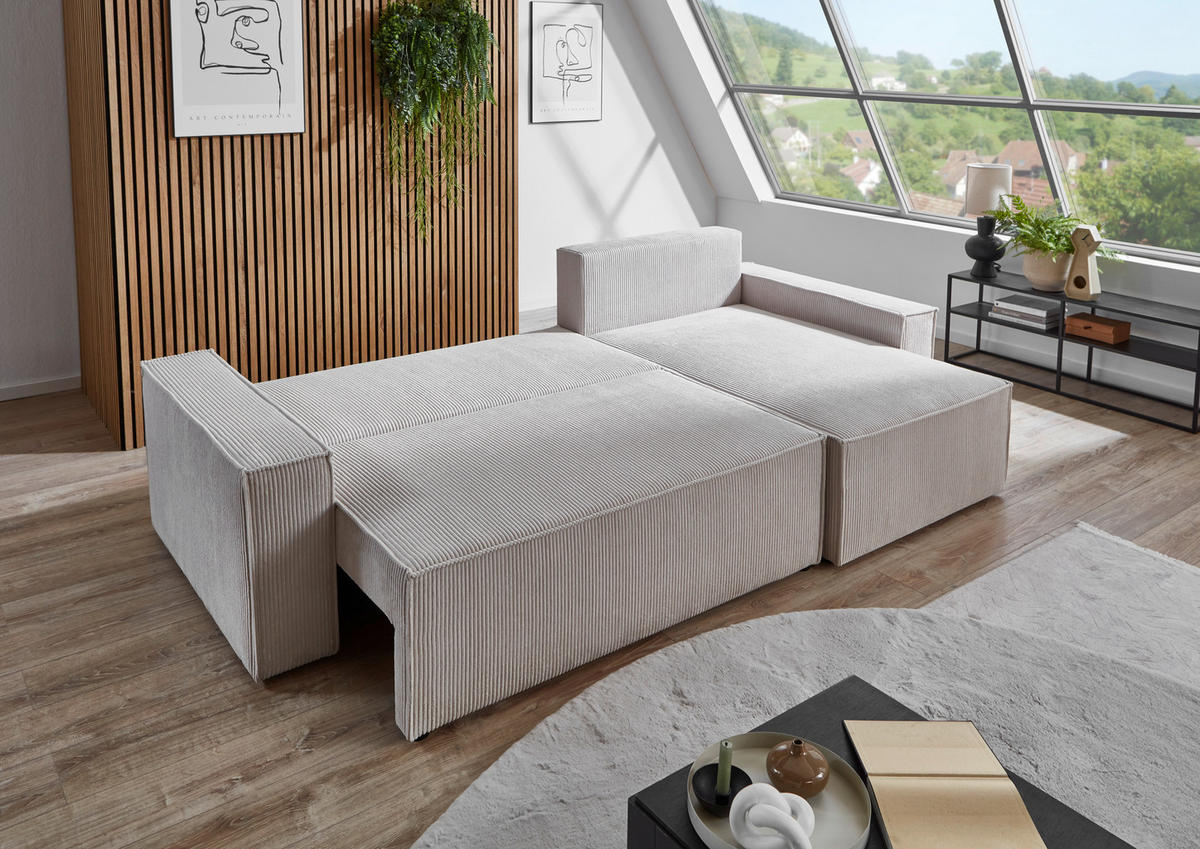 ECKSCHLAFSOFA Feincord Naturfarben  inkl. Rückenkissen, Bettkasten, Schlaffunktion, Rücken echt, Liegefläche im Originalstoff  - Schwarz/Naturfarben, MODERN, Kunststoff/Textil (266/150cm) - Carryhome