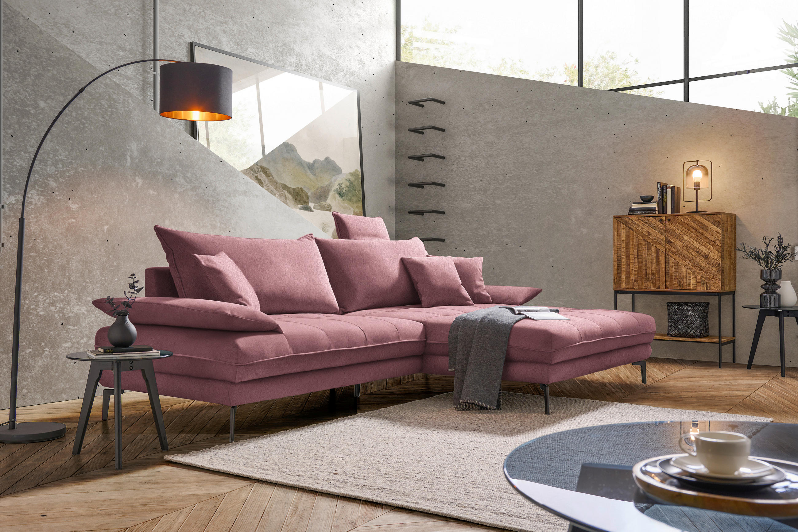 ECKSOFA in Flachgewebe Rosa  292/176 cm  - Schwarz/Rosa, MODERN, Textil/Metall (292/176cm) - Carryhome