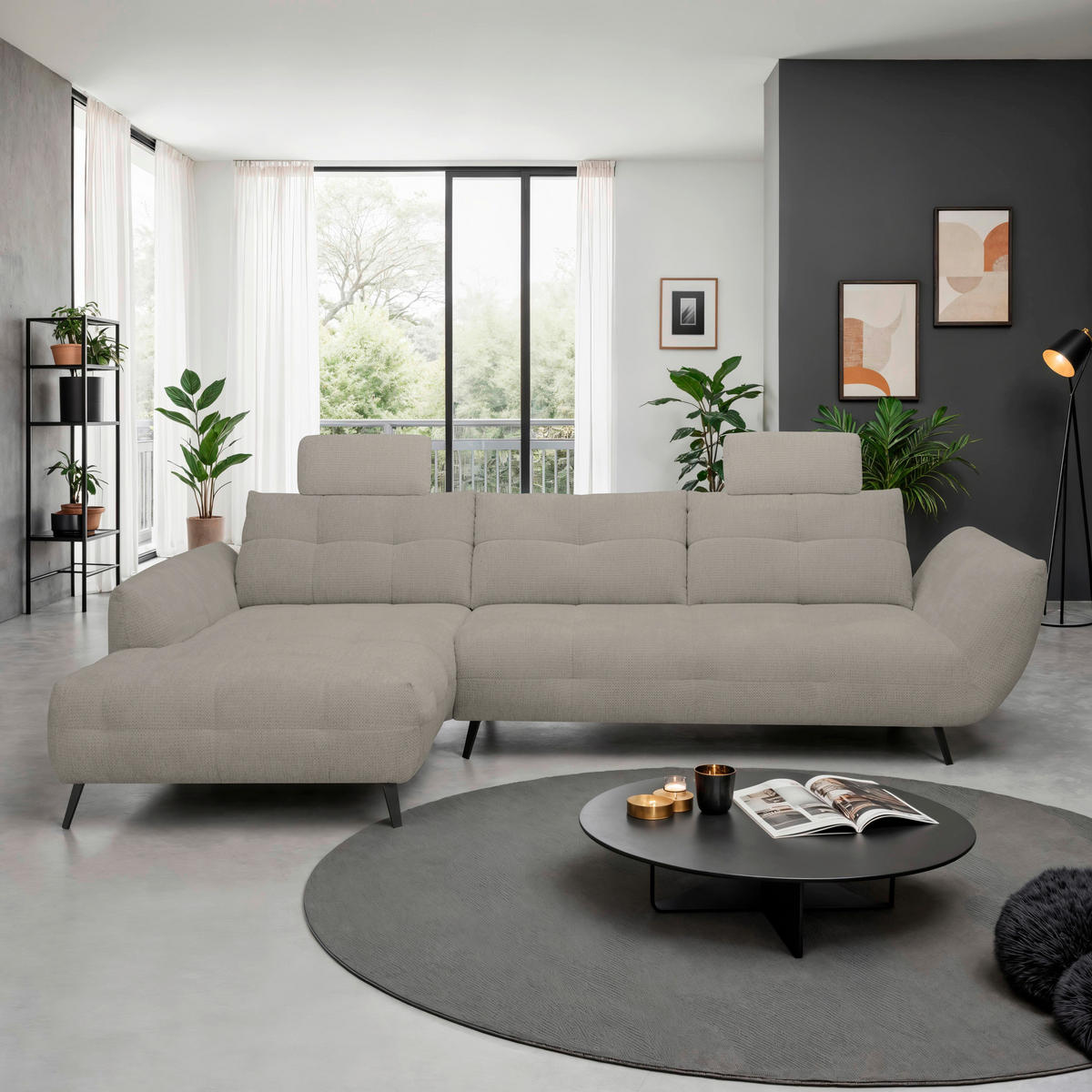 ECKSOFA Taupe Chenille Armlehnenkissen, Rücken echt, Sitztiefenverstellung  - Taupe/Schwarz, KONVENTIONELL, Textil/Metall (215/313cm) - Hom`in