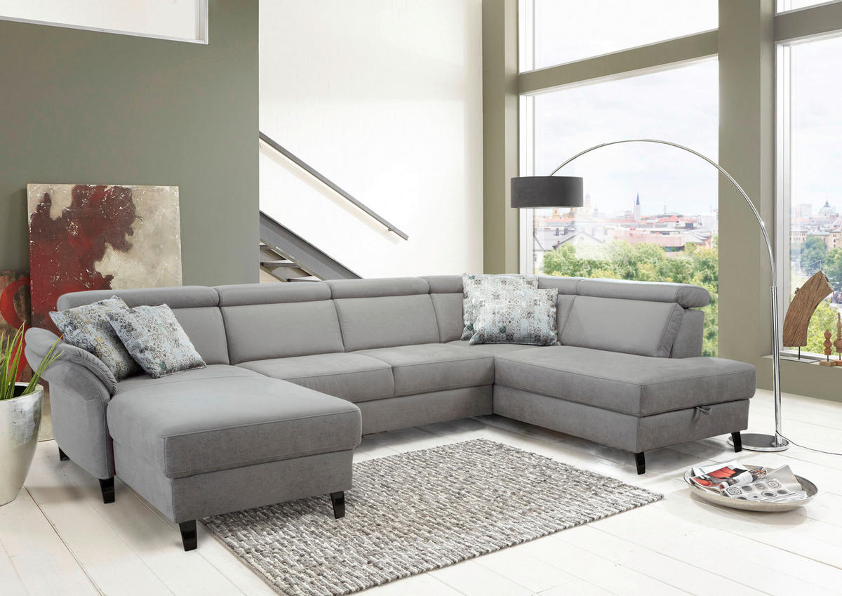 WOHNLANDSCHAFT Mikrofaser Hellgrau  - Hellgrau/Schwarz, Konventionell, Textil/Metall (165/317/193cm) - Sit & More