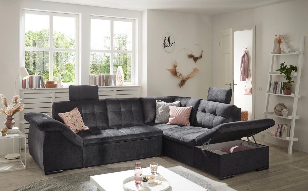 ECKSOFA in Mikrovelours Schwarz  - Schwarz, Konventionell, Kunststoff/Textil (283/217cm) - MID.YOU