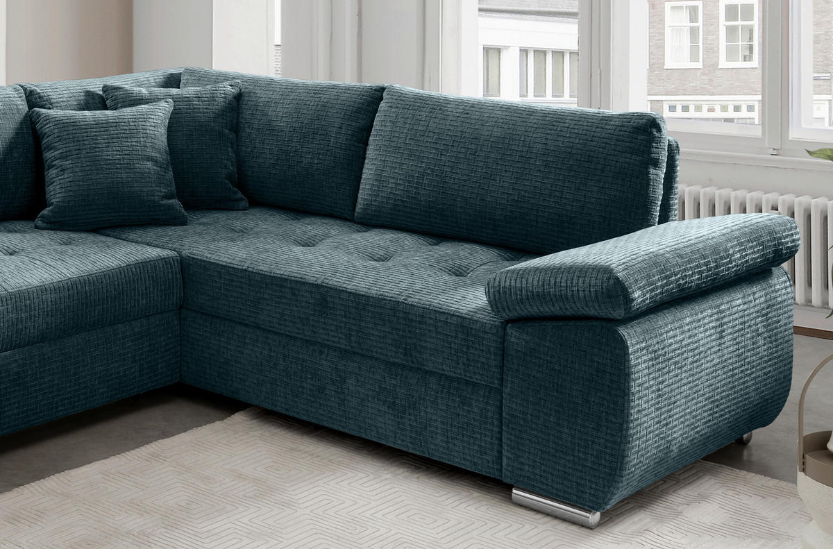 WOHNLANDSCHAFT in Mikrofaser Blau  - Chromfarben/Blau, KONVENTIONELL, Textil/Metall (157/305/219cm) - Livetastic