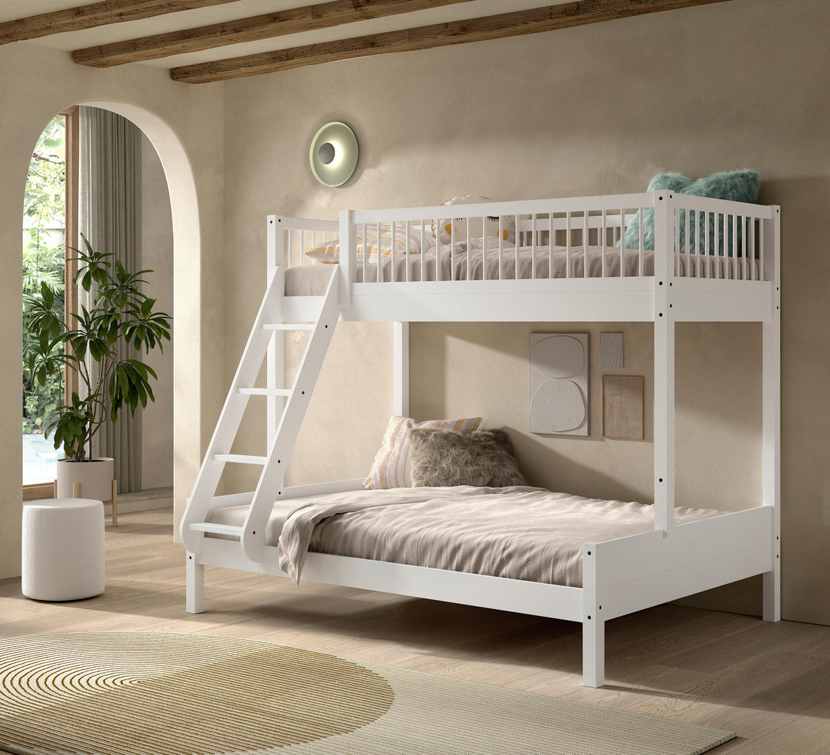 ETAGENBETT 90/140/200 cm,  in Weiß, Absturzsicherung, Leiter, Rollrost  - Naturfarben/Weiß, MODERN, Holz (90/140/200cm) - Vipack
