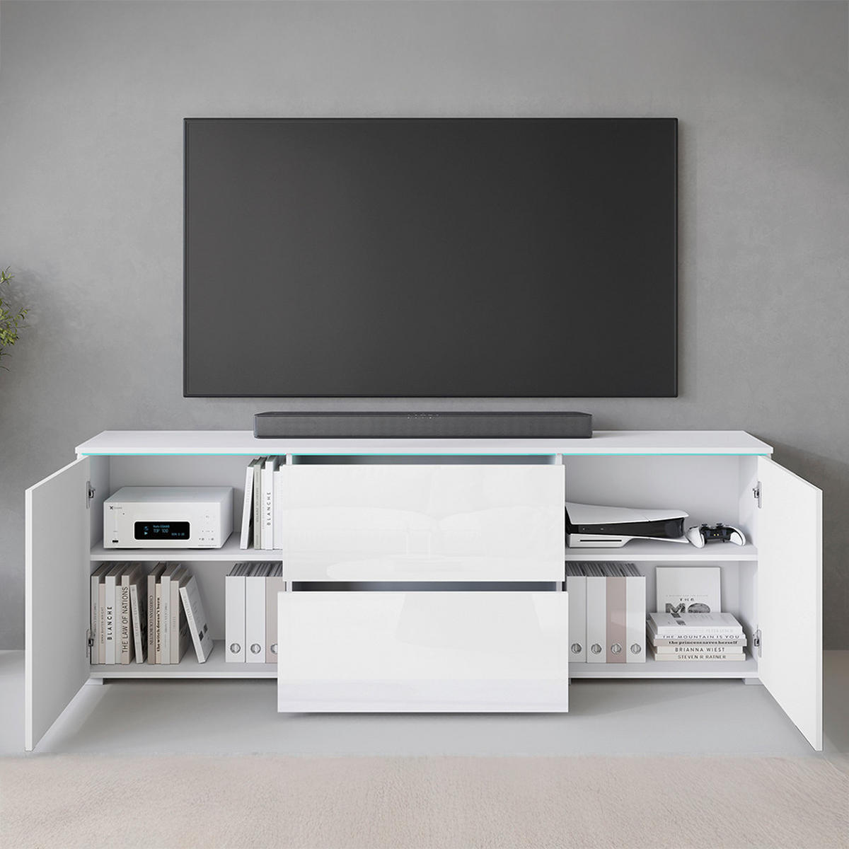LOWBOARD Vera  in 180/61,8/34,5 cm  - gris/blanc haute brillance, Trend, matière synthétique/matériau de bois (180/61,8/34,5cm) - P & B