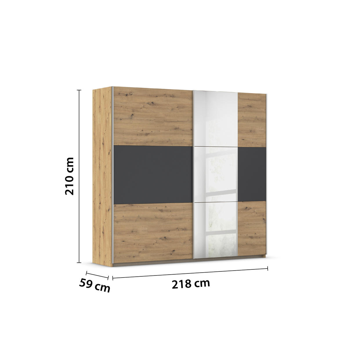 SCHWEBETÜRENSCHRANK 218/210/59 cm 2-türig Grau, Klar, Eiche Artisan  - Klar/Alufarben, KONVENTIONELL, Holzwerkstoff/Metall (218/210/59cm)