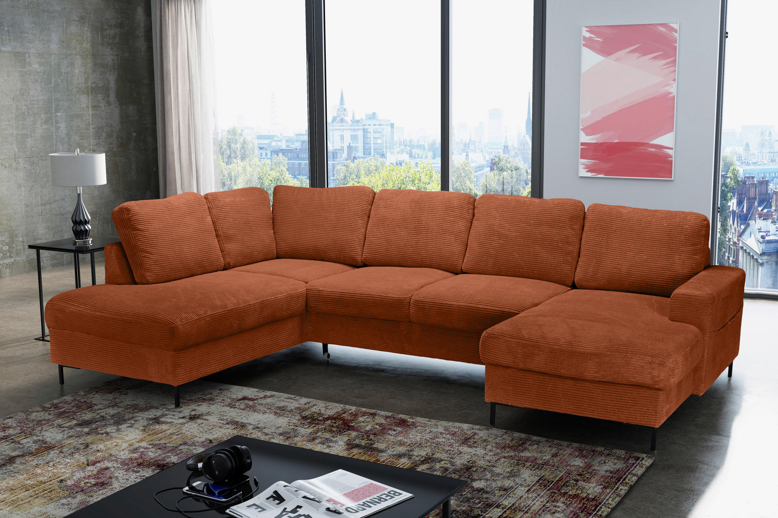 WOHNLANDSCHAFT Rostfarben Cord  - Rostfarben/Schwarz, KONVENTIONELL, Textil/Metall (197/303/148cm) - Carryhome