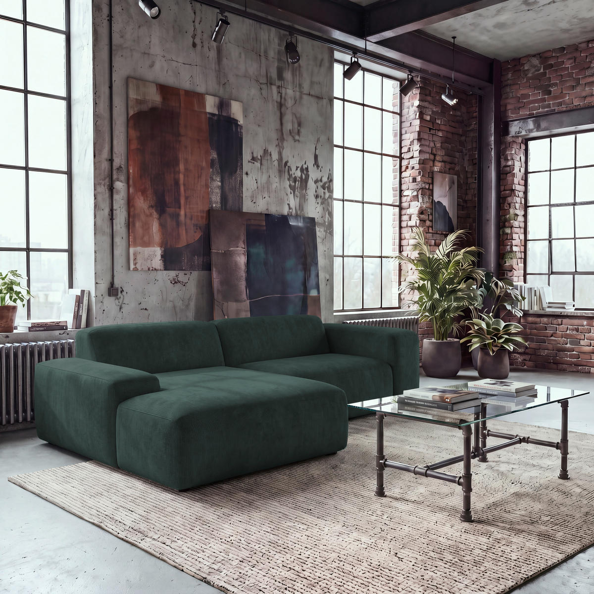 ECKSOFA HANNAH Grün Cord  - Schwarz/Grün, Design, Kunststoff/Textil (170/252cm) - MID.YOU