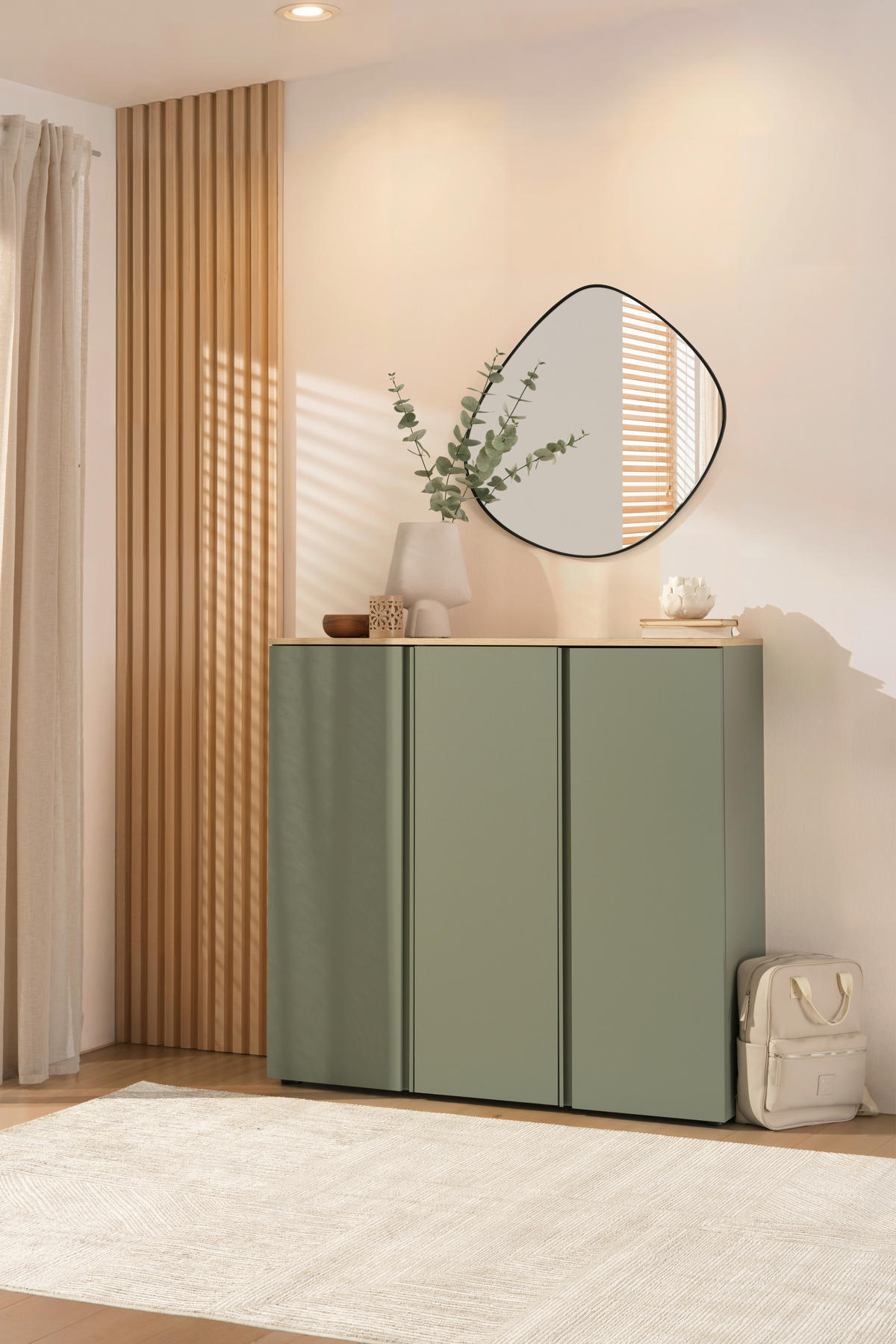 SCHUHSCHRANK Grün, Eichefarben  - Eichefarben/Schwarz, Design, Holzwerkstoff/Kunststoff (120,3/113,2/34cm) - Voleo