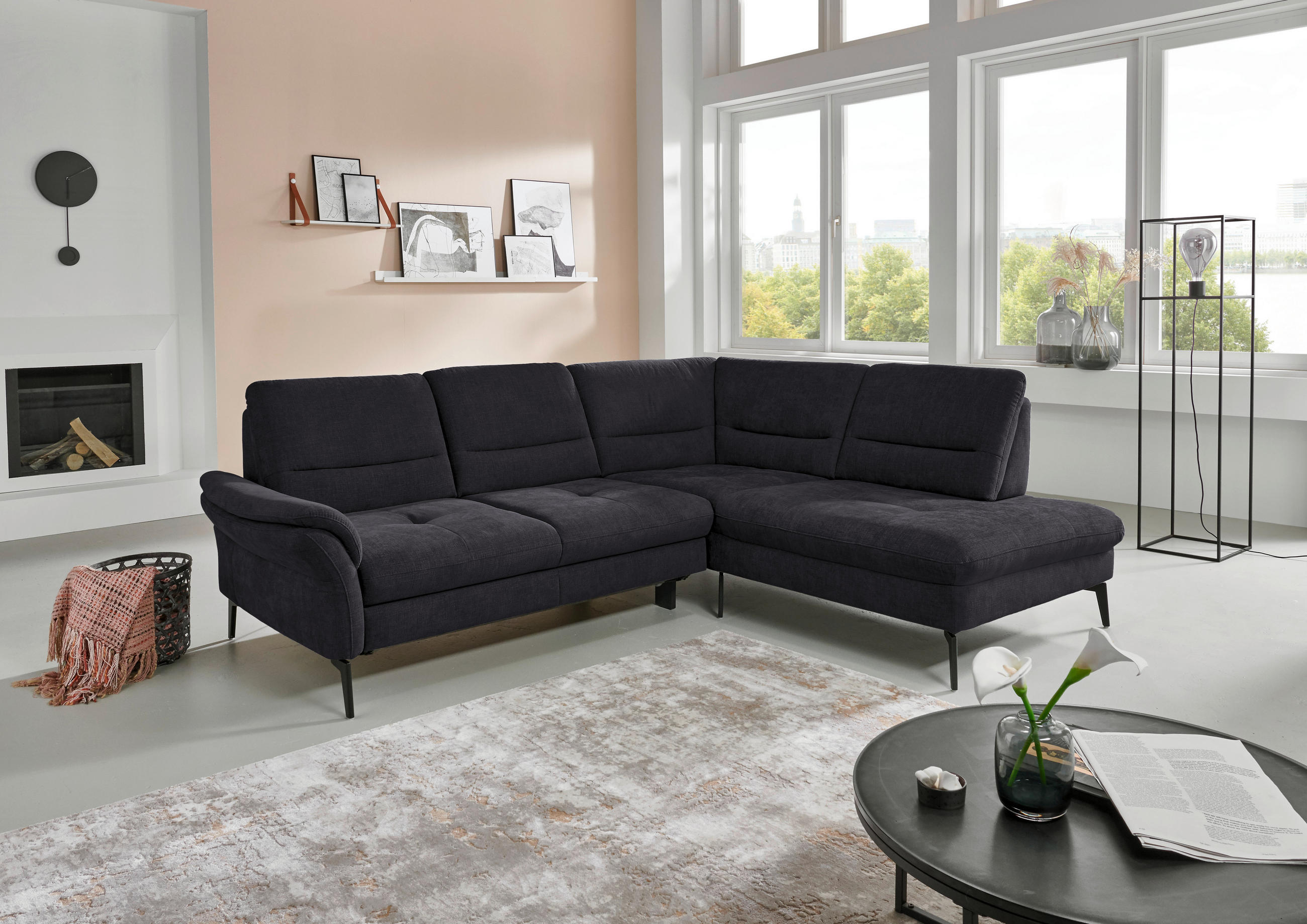 ECKSOFA in Webstoff Anthrazit  - Anthrazit/Schwarz, Design, Textil/Metall (256/206cm) - Beldomo System