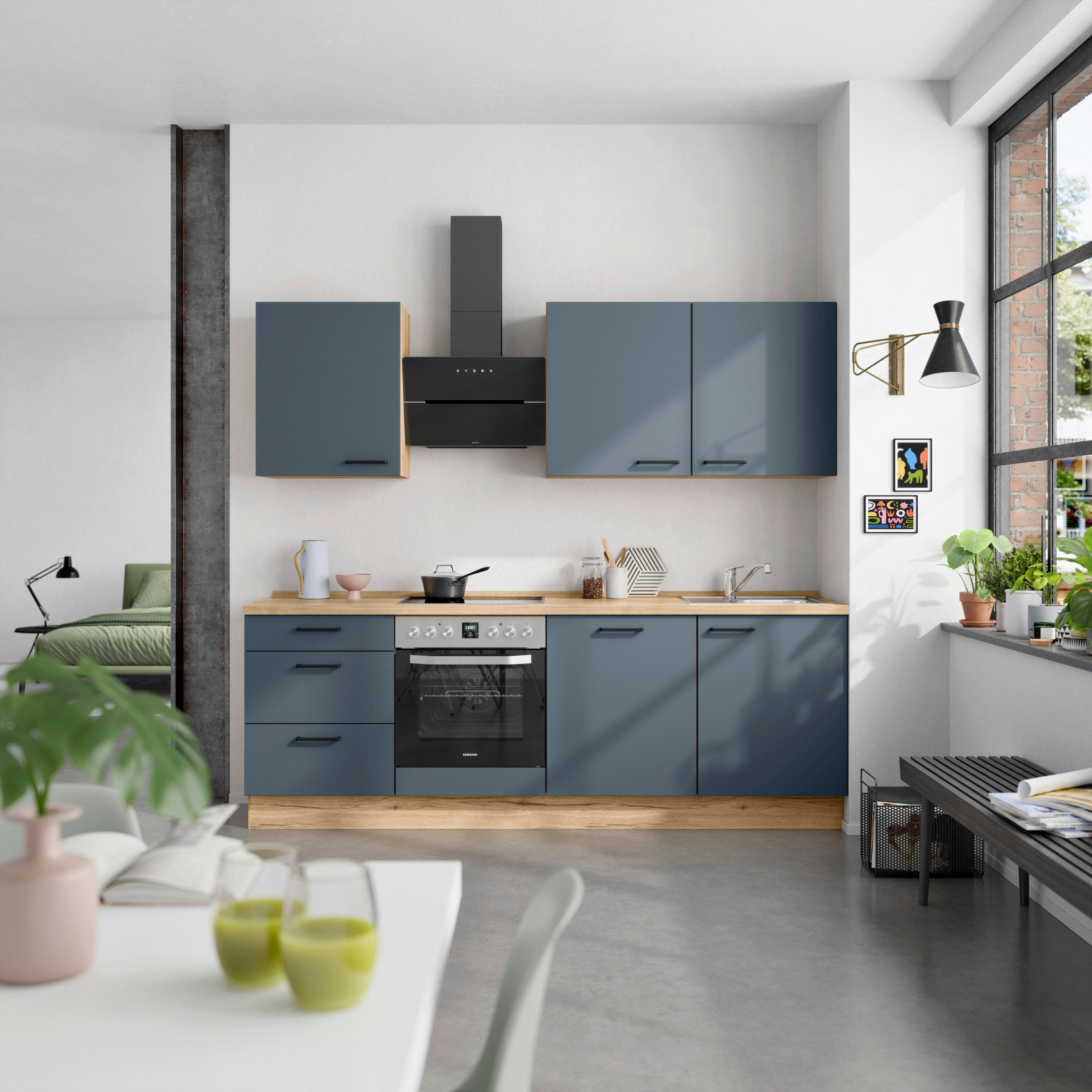 KÜCHENBLOCK 240 cm   in Eichefarben, Dunkelblau  - Eichefarben/Schwarz, MODERN, Holzwerkstoff/Metall (240cm) - Nobilia