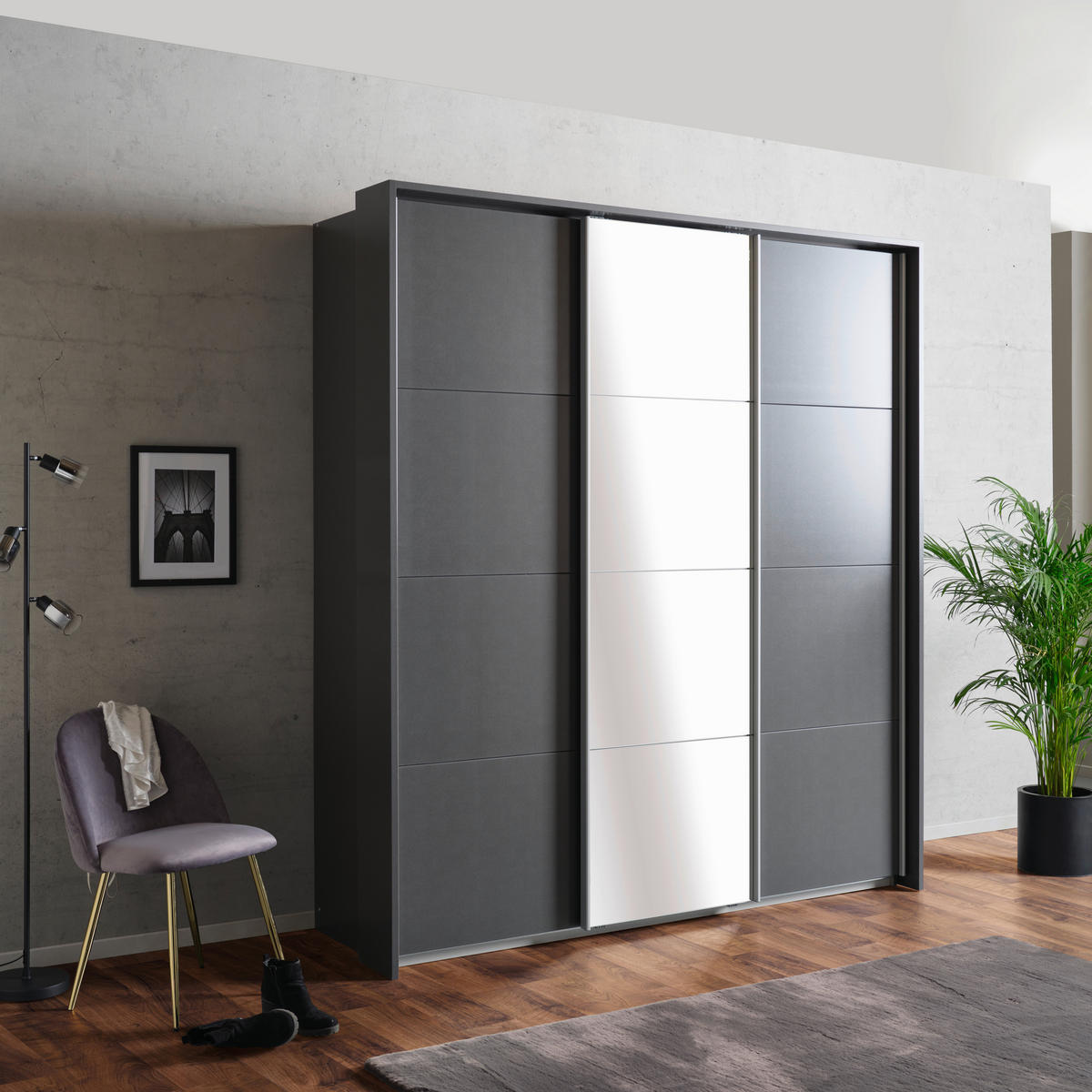 Dulap Cu Uși Culisante, 203/229/62 cm, gri - culoare aluminiu/gri, Basics, metal/material pe bază de lemn (203/229/62cm)