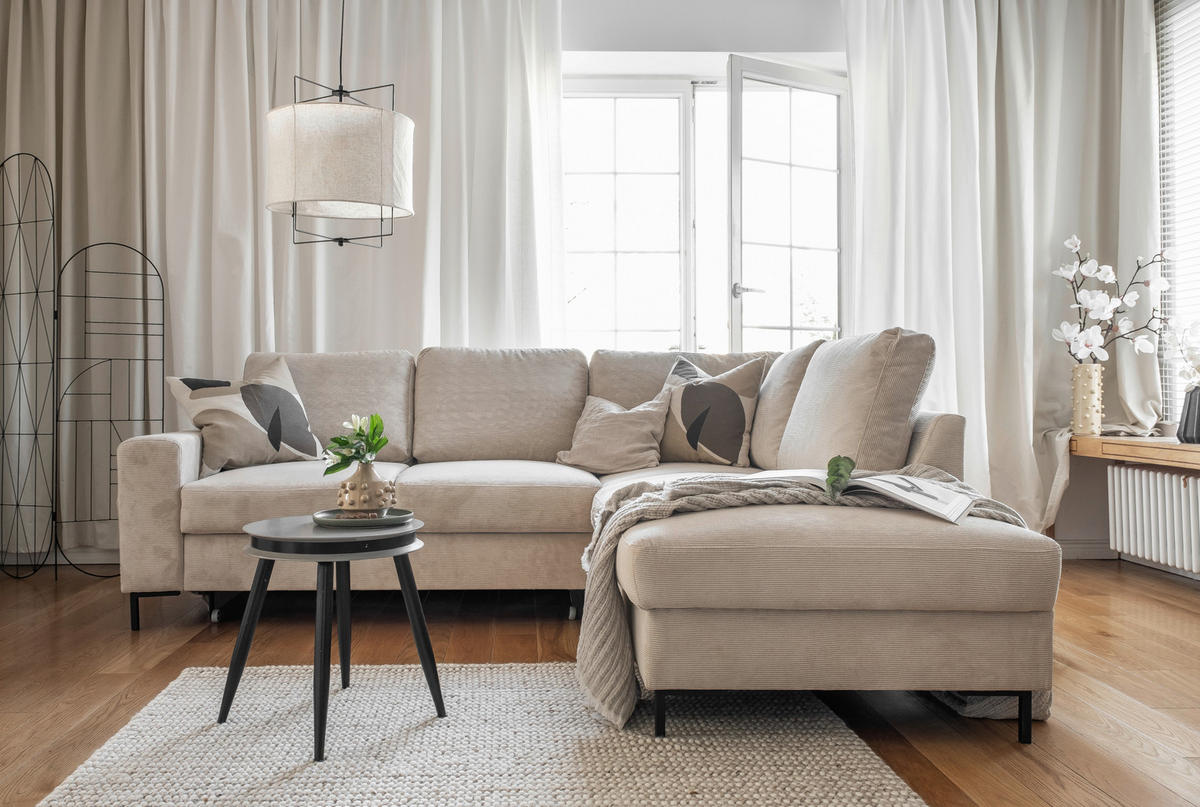 ECKSOFA in Cord Beige  - Beige/Schwarz, Design, Textil/Metall (237/197cm) - MID.YOU