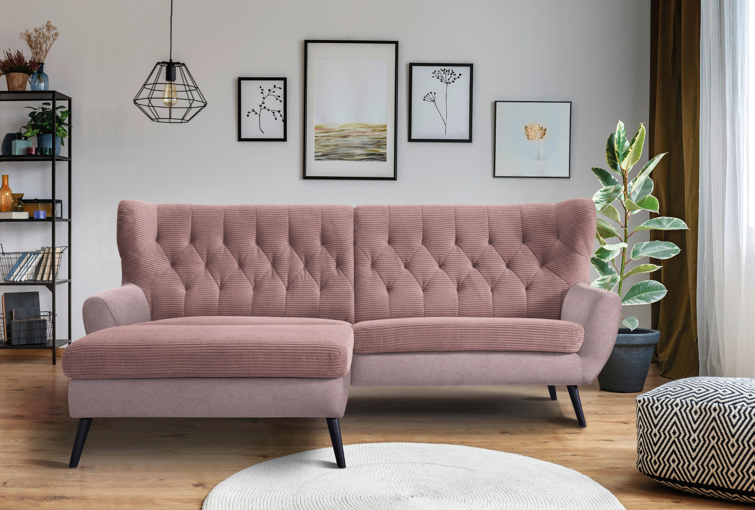 ECKSOFA Rosa Cord  - Schwarz/Rosa, Design, Holz/Textil (165/237cm) - Stylife
