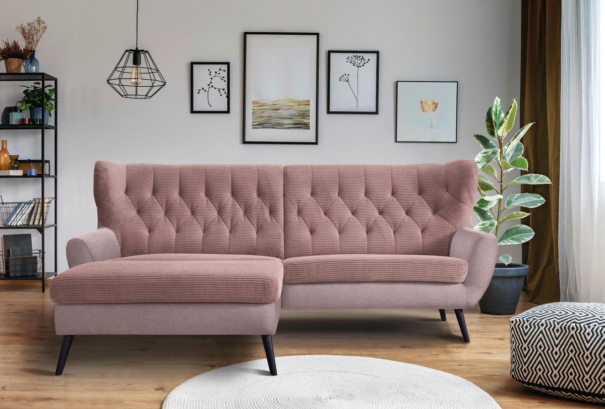 ECKSOFA Rosa Cord  - Schwarz/Rosa, Design, Holz/Textil (165/237cm) - Stylife