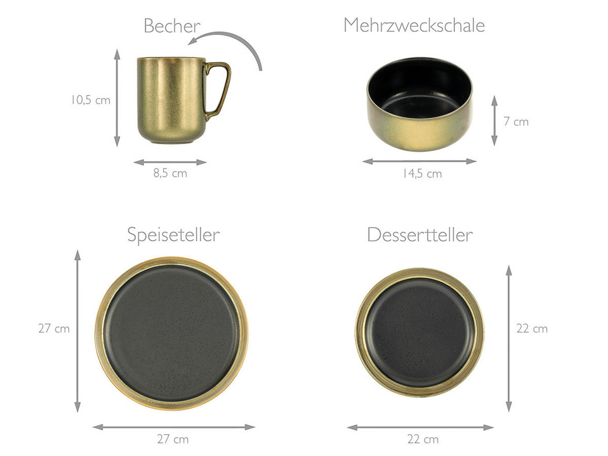 KOMBINOVANÝ SERVIS, 16-dielne, kamenina - čierna/zlatá, Modern, keramika (40,5/37/49,5cm) - Creatable
