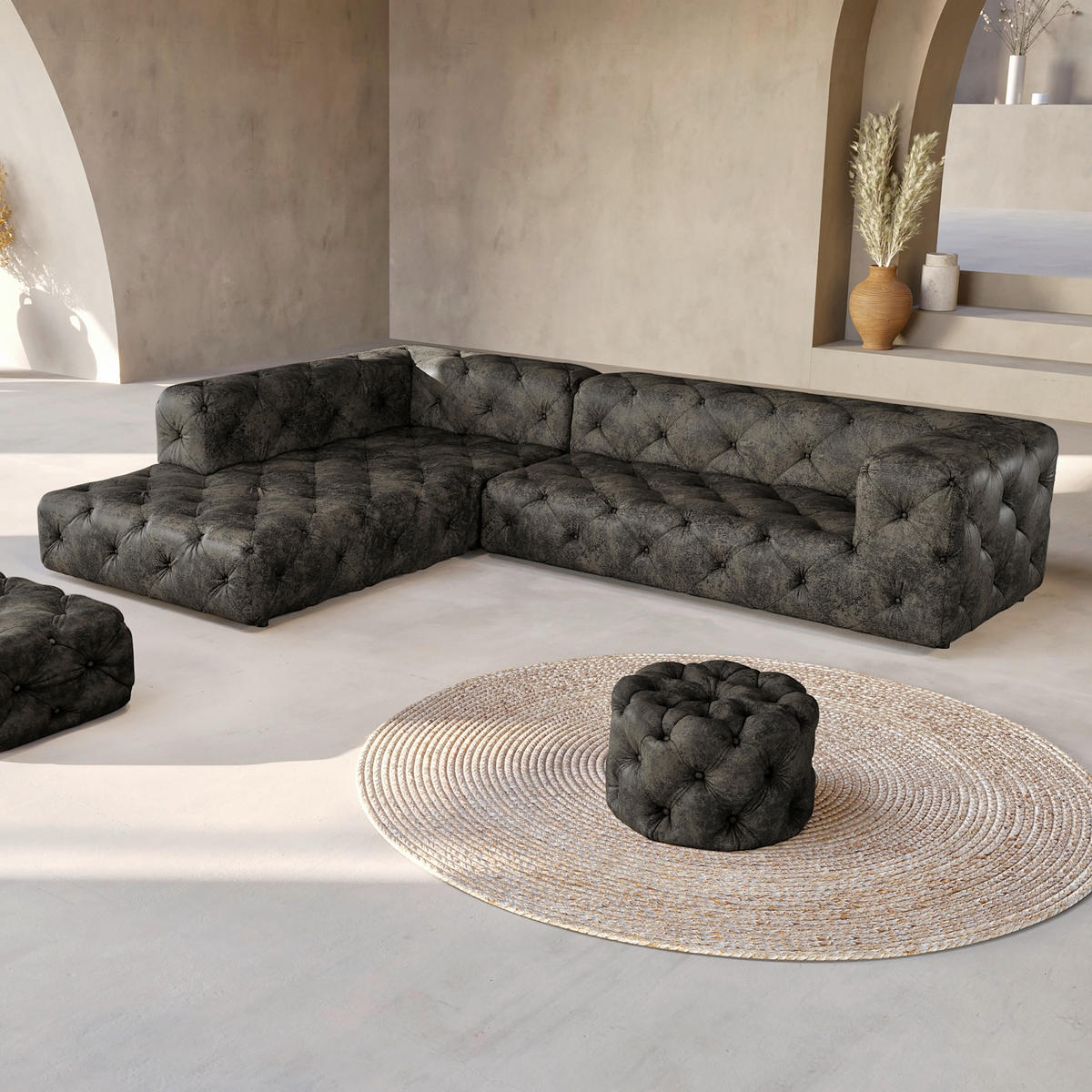 ECKSOFA Lederlook Anthrazit  - Anthrazit/Schwarz, Design, Kunststoff/Textil (228/325cm) - P & B