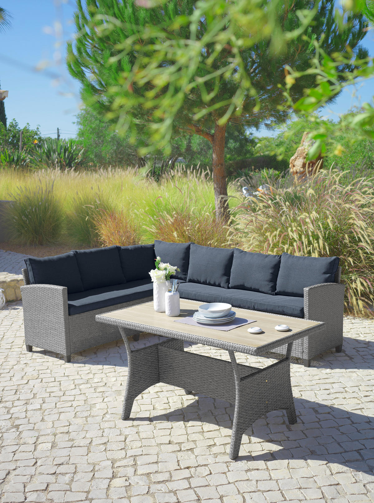 LOUNGEGARNITUR 220/175 cm Stahl  - Grau, MODERN, Kunststoff/Textil (220/175cm) - Ambia Garden