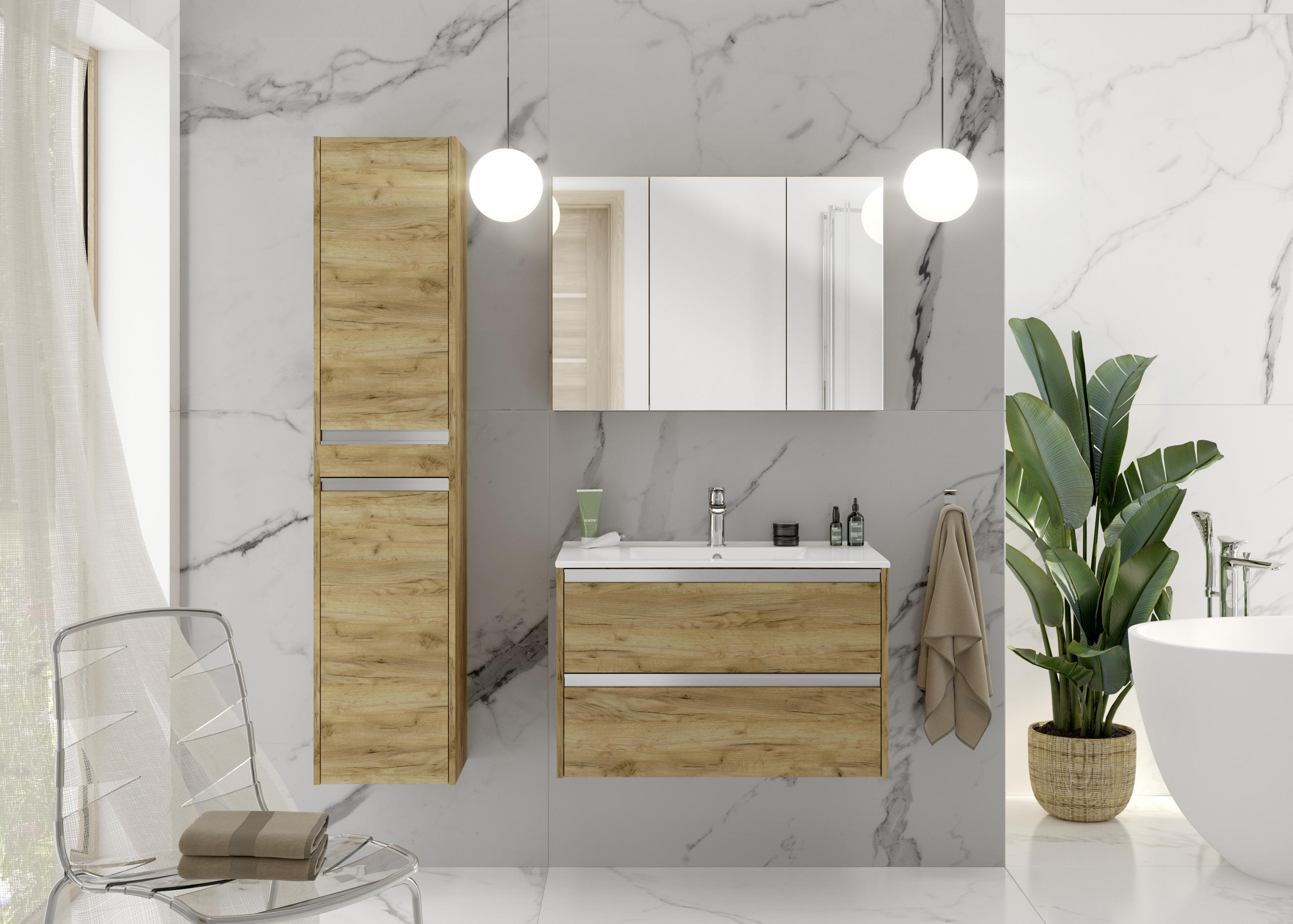 DULAP CU OGLINDĂ 85/60/15 cm  - culoare lemn arin/culoare lemn stejar, Konventionell, sticlă/material pe bază de lemn (85/60/15cm) - MID.YOU