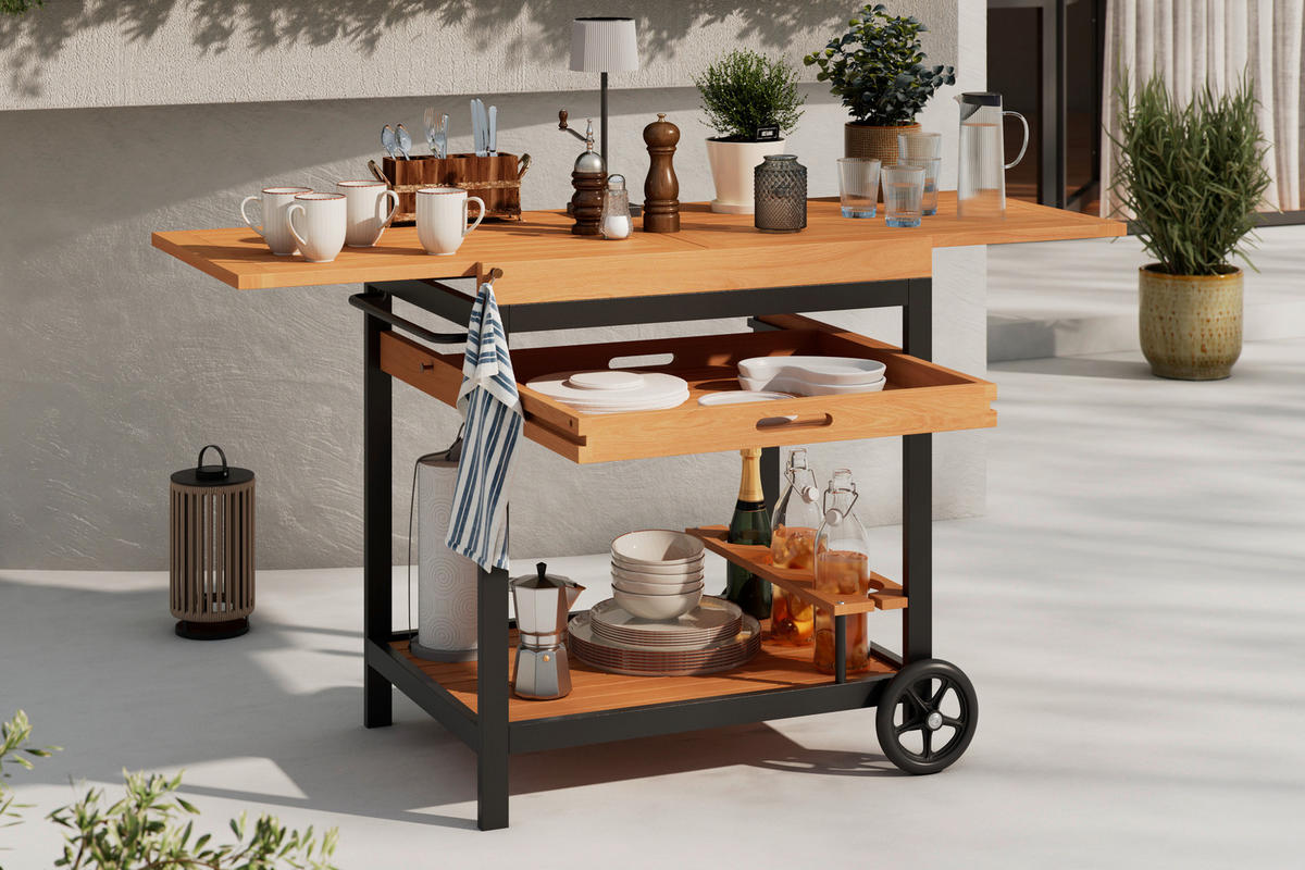 GARTEN-SERVIERWAGEN  - Schwarz/Teakfarben, MODERN, Holz/Metall (73/80/50cm) - Ambia Garden