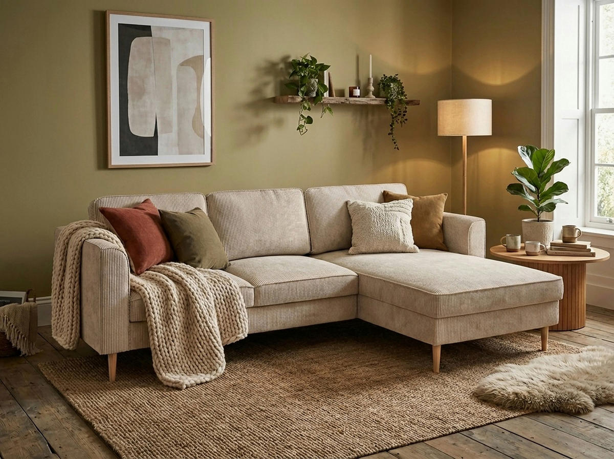 ECKSCHLAFSOFA  in Cord Creme Modern  - Buchefarben/Creme, MODERN, Holz/Textil (232/161cm) - Trendmanufaktur