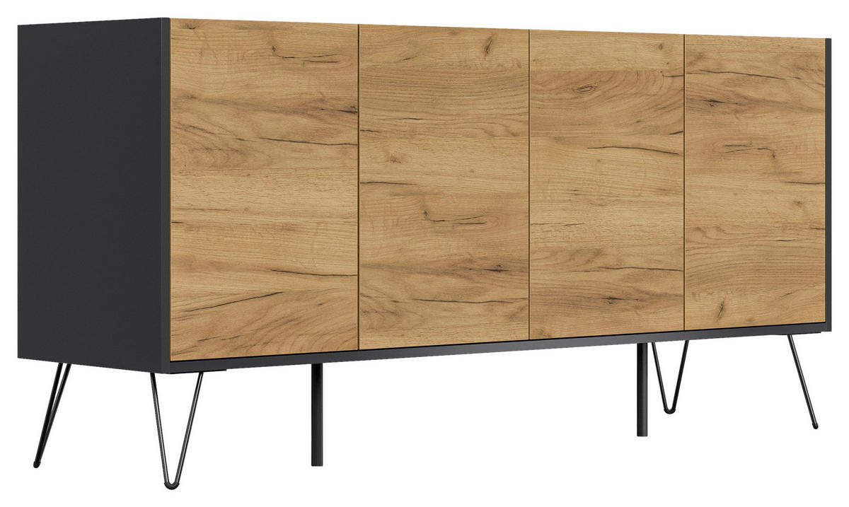 SIDEBOARD Posseik Industrial  in 155/75,8/42 cm  - Eichefarben/Graphitfarben, Design, Holzwerkstoff/Metall (155/75,8/42cm) - P & B