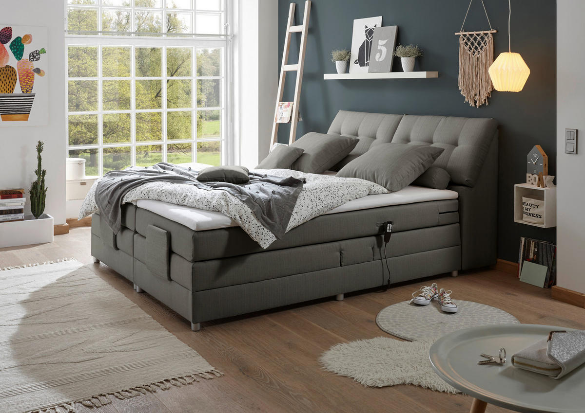 BOXSPRINGBETT 180/200 cm,  in Grau, Matratze, Bettkasten, Topper, motorische Verstellbarkeit, H2 = mittel  - Silberfarben/Grau, Design, Kunststoff/Textil (180/200cm) - Esposa