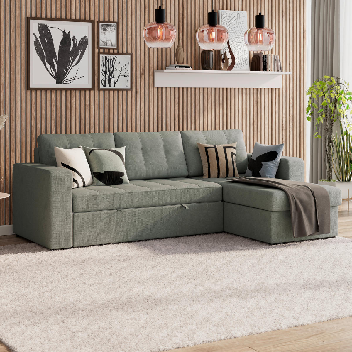 ECKSOFA TURIN Dunkelgrün Mikrofaser, Struktur Rückenkissen, Bettkasten  - Dunkelgrün/Schwarz, Trend, Textil/Metall (239/160cm) - MID.YOU