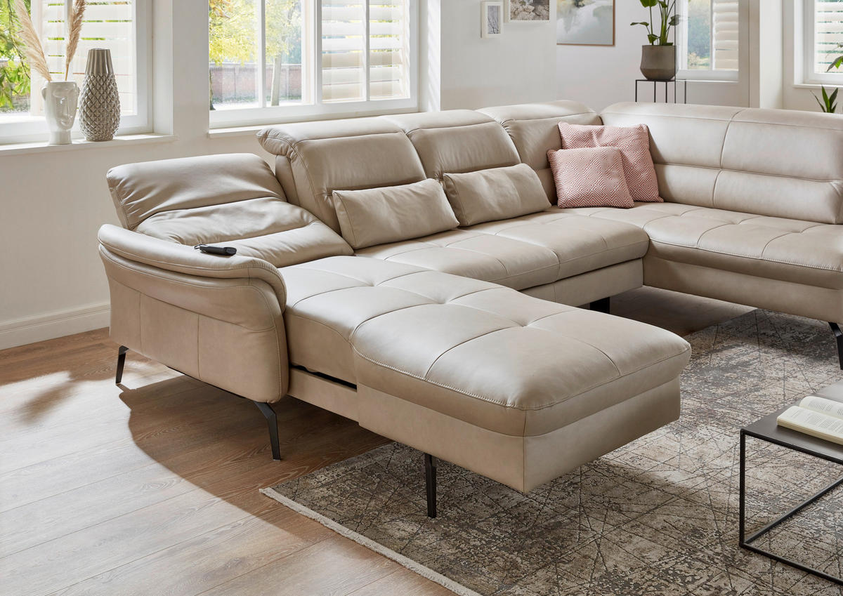 WOHNLANDSCHAFT Beige Echtleder  - Beige/Schwarz, Design, Leder/Metall (181/336/206cm) - Beldomo Speed
