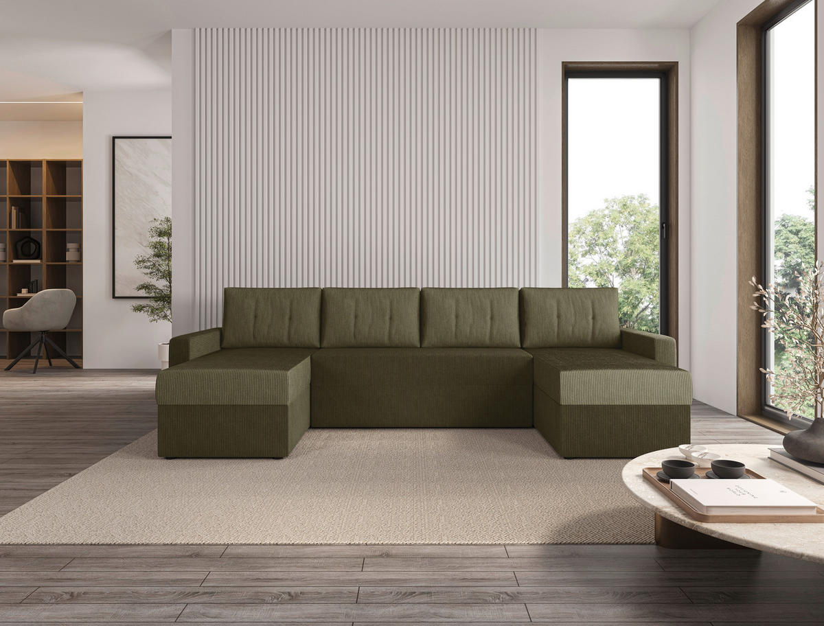WOHNLANDSCHAFT Olivgrün Cord  - Schwarz/Olivgrün, KONVENTIONELL, Kunststoff/Textil (152/290/152cm) - Ti'me