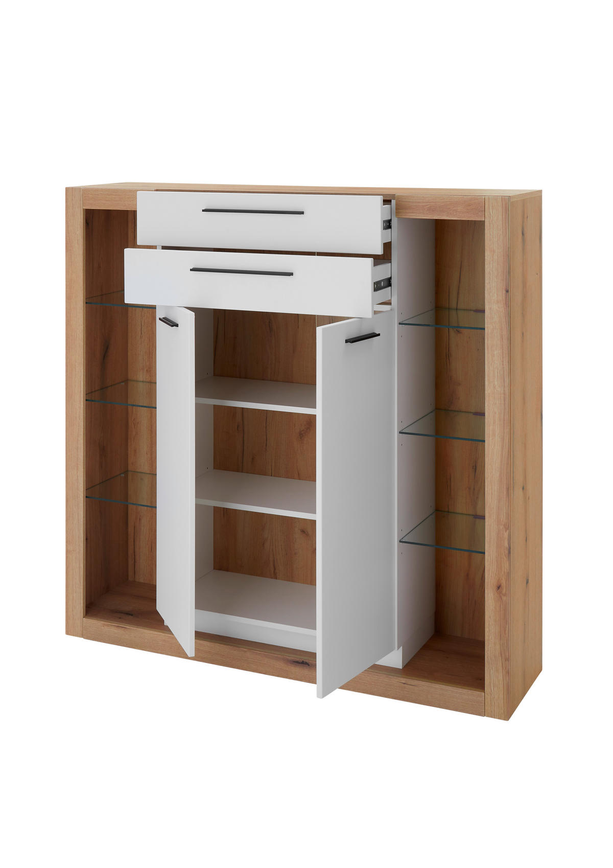 HIGHBOARD  141/139/37 cm 2 Schublade(n)  - Eichefarben/Schwarz, Design, Glas/Holzwerkstoff (141/139/37cm) - MID.YOU