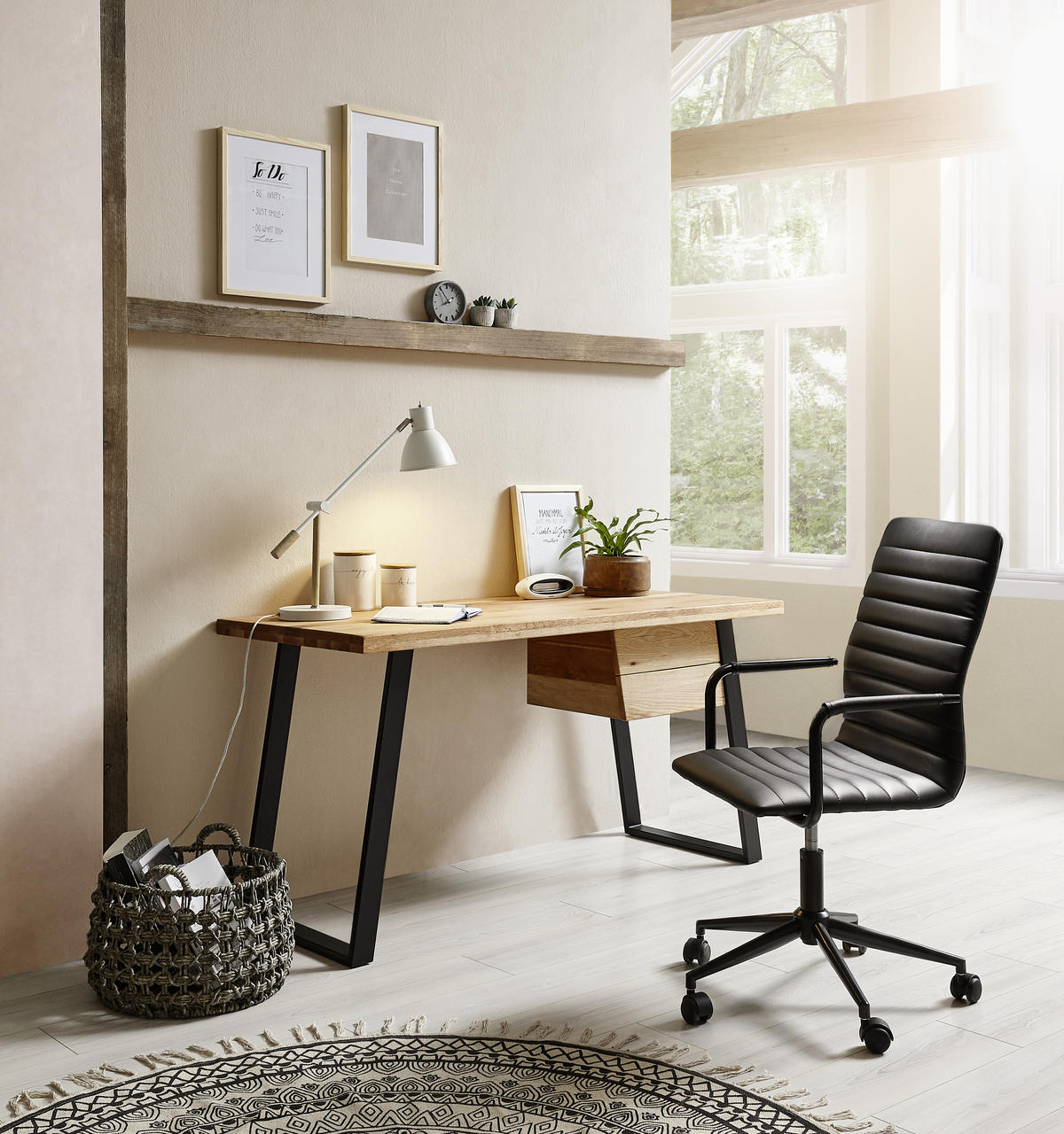 PISALNA MIZA les, kovina črna, barve hrasta  - črna/barve hrasta, Trendi, kovina/les (145/65/75cm) - Landscape