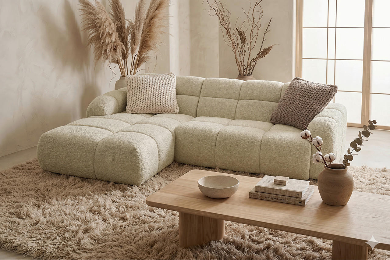 ECKSOFA VENTO in Bouclé Beige  175/255 cm  - Beige/Schwarz, Design, Kunststoff/Textil (175/255cm) - MID.YOU