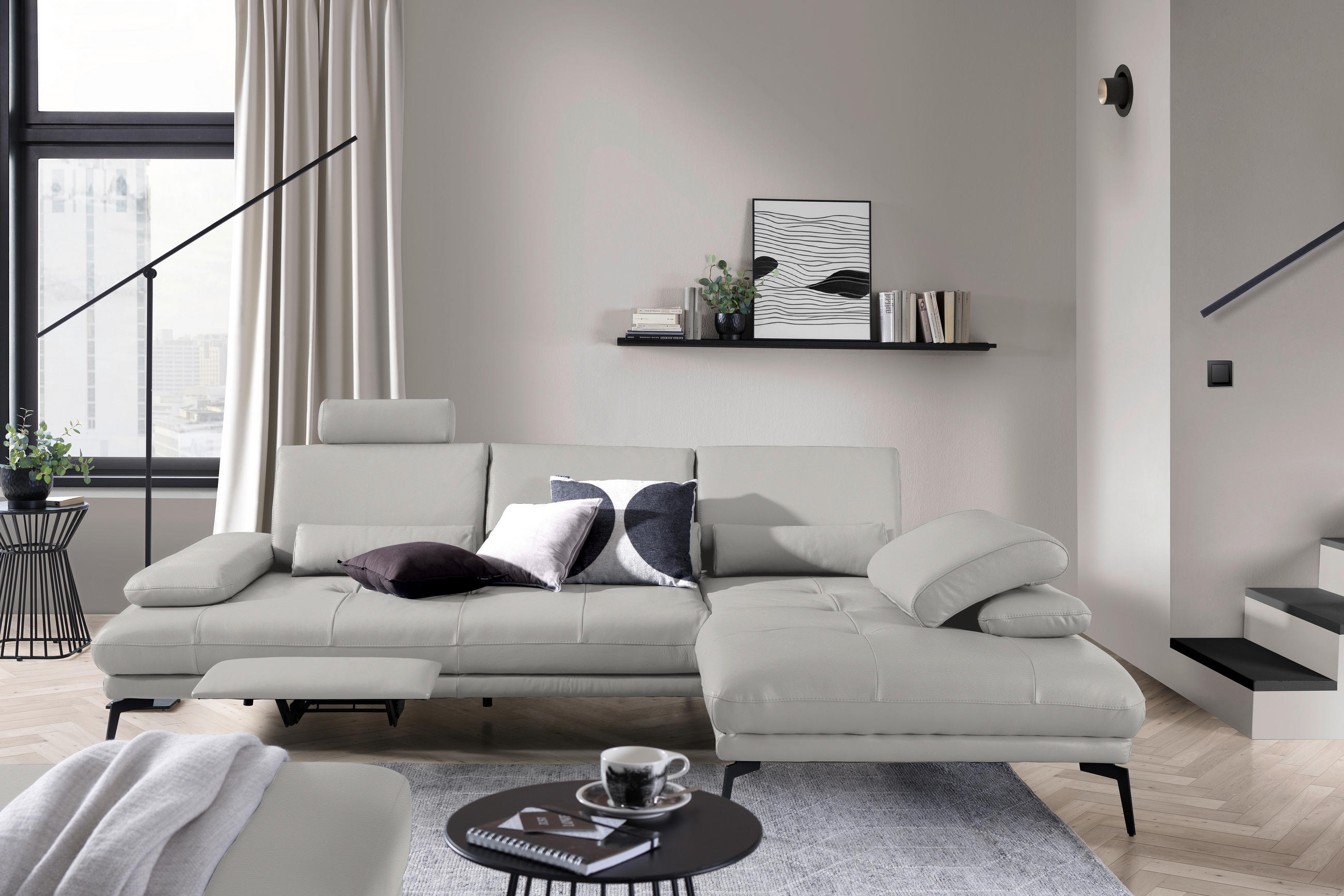 ECKSOFA in Echtleder Greige  - Greige/Schwarz, Design, Leder/Metall (273/187cm) - Celina Home