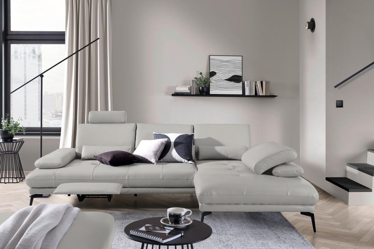 ECKSOFA Greige Echtleder  - Greige/Schwarz, Design, Leder/Metall (273/187cm) - Celina Home