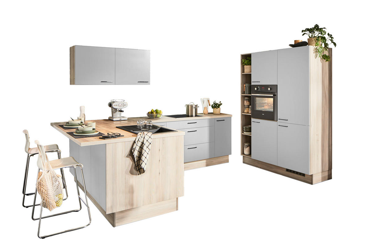 ECKKÜCHE  in Hellgrau, Hellbraun  - Hellbraun/Hellgrau, Design, Holzwerkstoff/Metall (192/280/150cm) - Xora
