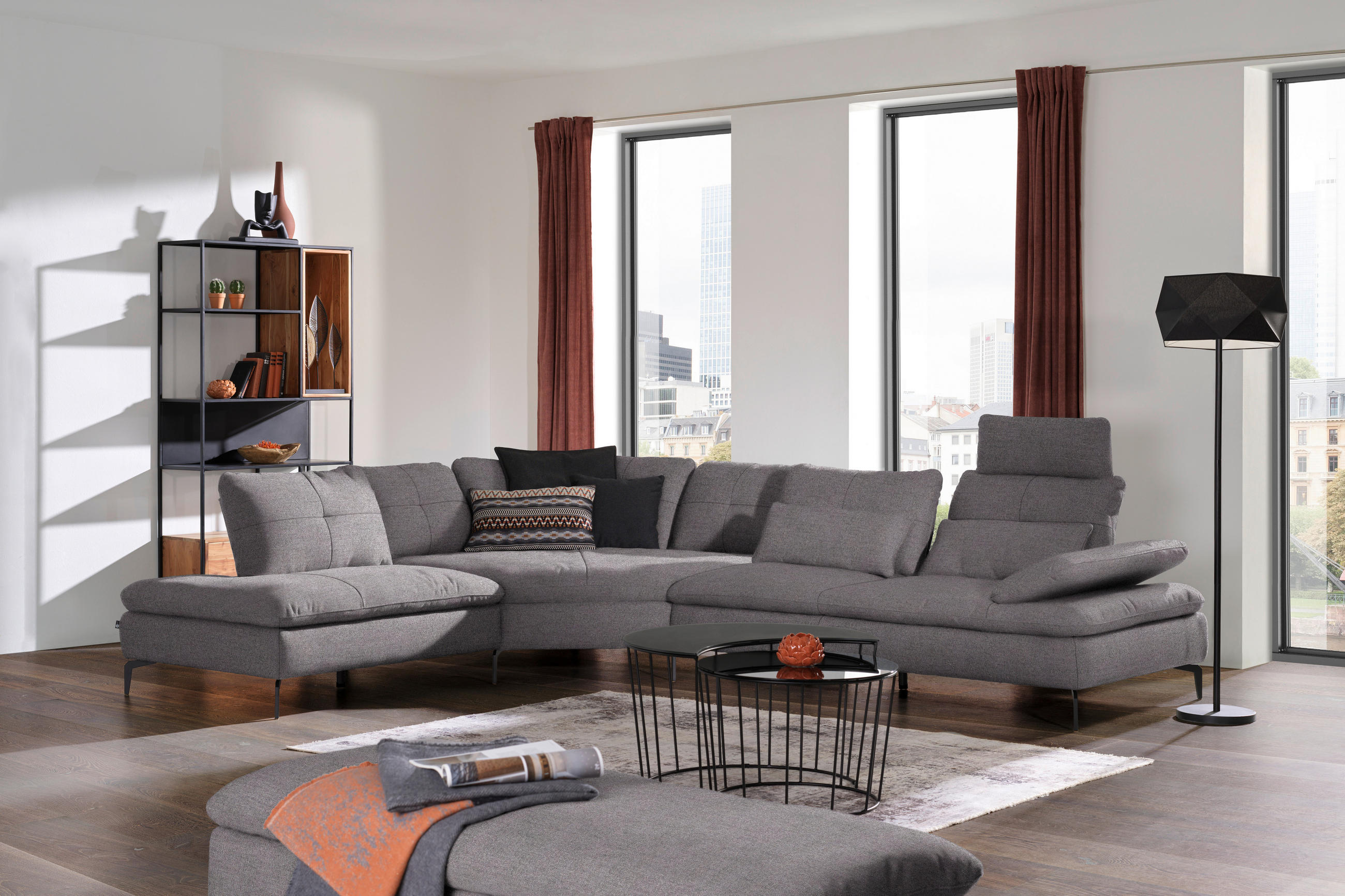 ECKSOFA in Flachgewebe Anthrazit  - Anthrazit/Schwarz, Design, Textil/Metall (271/344cm) - Chilliano