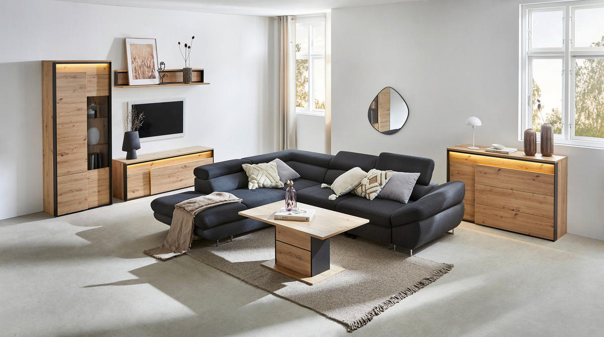 TV-ELEMENT WOHNZIMMER Schwarz, Eiche Artisan  155/55/41 cm  - Schwarz/Eiche Artisan, Design, Holzwerkstoff/Kunststoff (155/55/41cm) - Hom`in