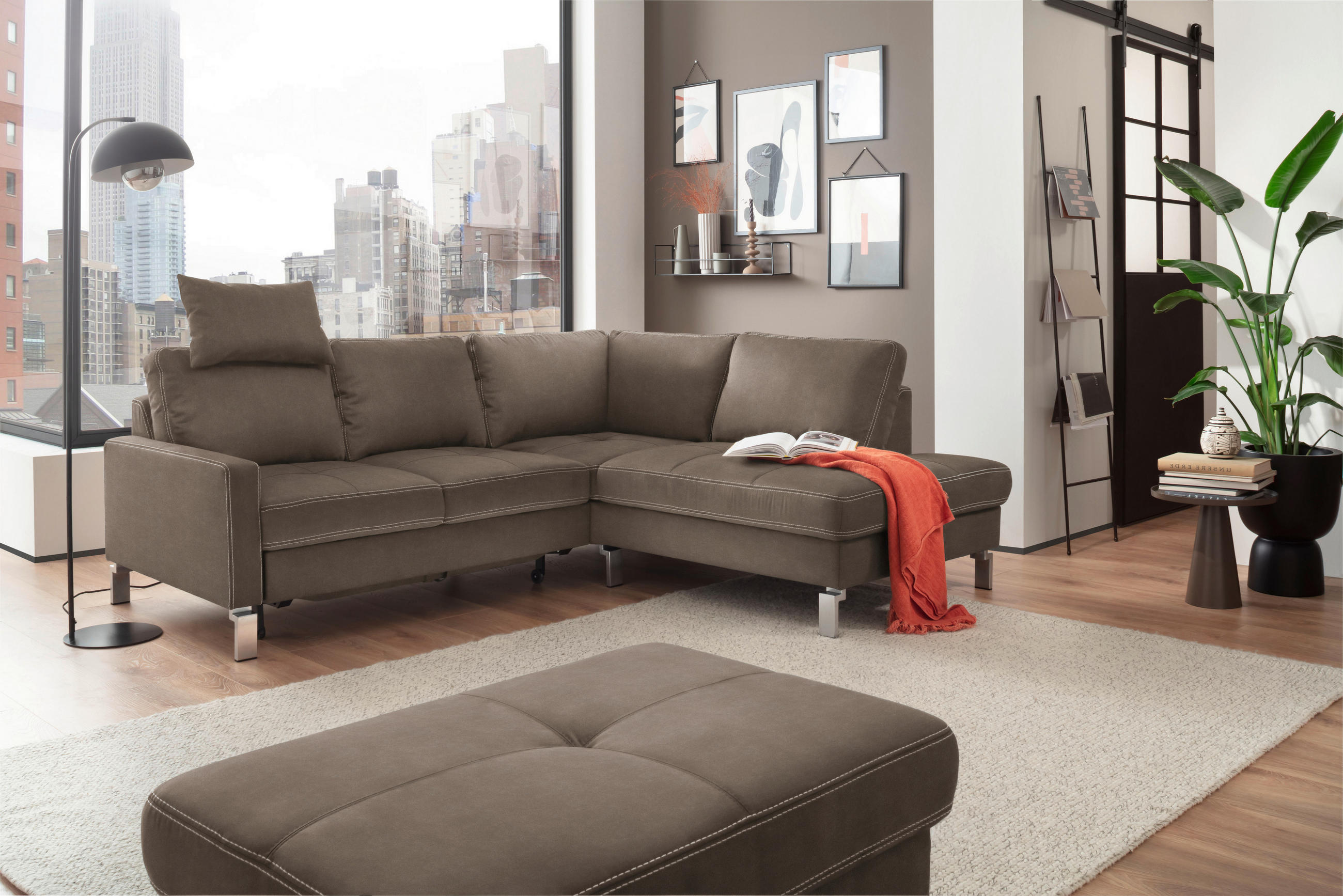 ECKSOFA in Mikrofaser Hellbraun  - Chromfarben/Hellbraun, Design, Textil/Metall (229/200cm) - Pure Home Lifestyle