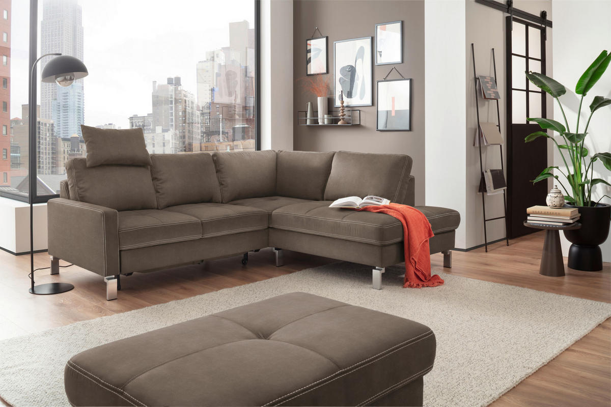 ECKSOFA in Mikrofaser Hellbraun  - Chromfarben/Hellbraun, Design, Textil/Metall (229/200cm) - Pure Home Lifestyle